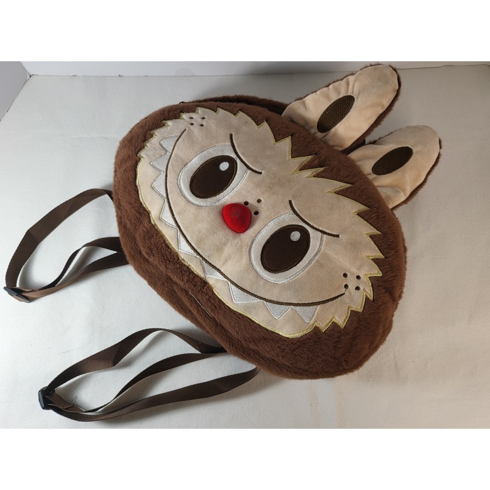 Plush Monster Character Faux Fur Backpack Brown Embroidered Face Red Nose